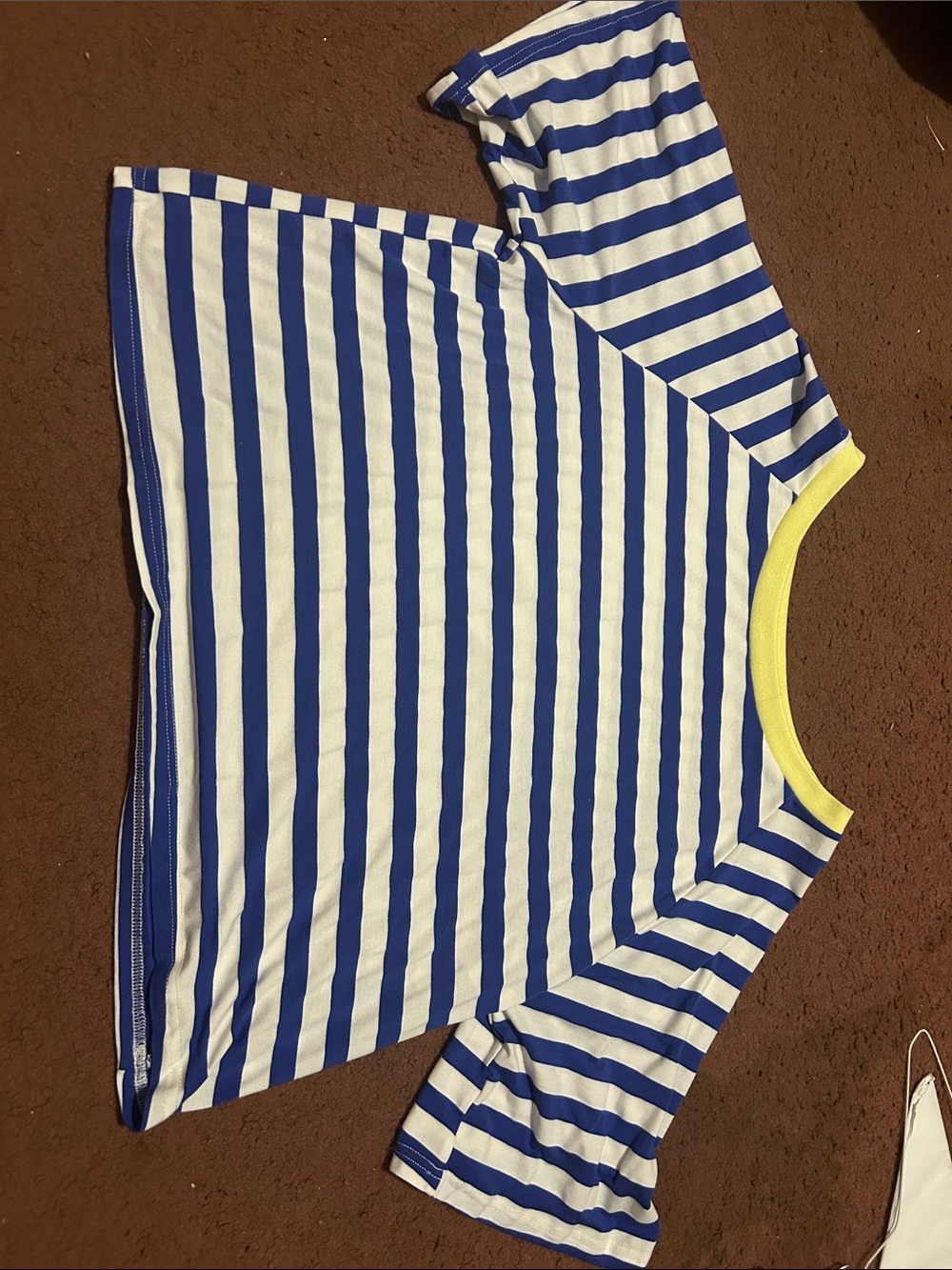 Blue and White Striped Tee with Yellow Neckline